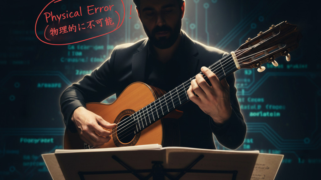 A musical score displaying notes that demand a physically impossible stretch of the fingers, with the phrase "Physical Error" marked in red pen as a correction.