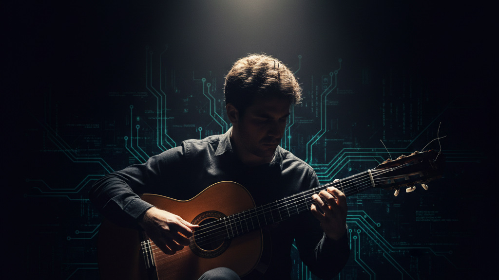 An ultra-close-up photo of guitar strings vibrating during performance. The focus is razor-sharp, with no "finger fusion" or "string distortion" often found in AI-generated videos, showcasing a vivid, realistic image.