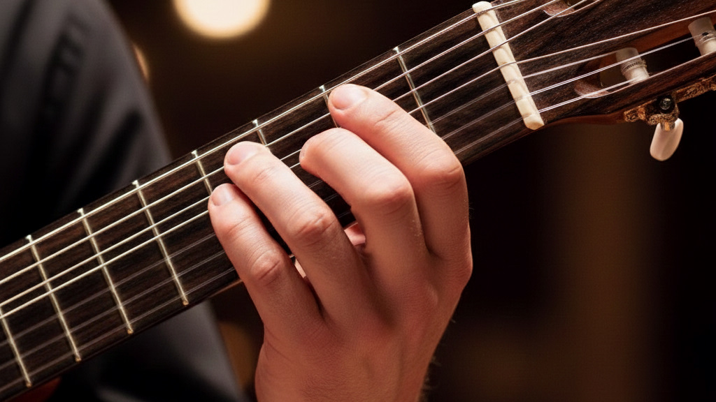 クラシックギターの指板を押さえる左手のアップ。無理な力が抜け、美しく効率的なフォームで弦を押さえている。開放弦(押さえていない弦)が振動している様子が伝わる写真。