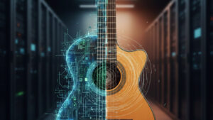 An artwork where inorganic digital code (symbolizing AI) and a warm wooden classical guitar are fused yet remain distinctly juxtaposed without fully blending.