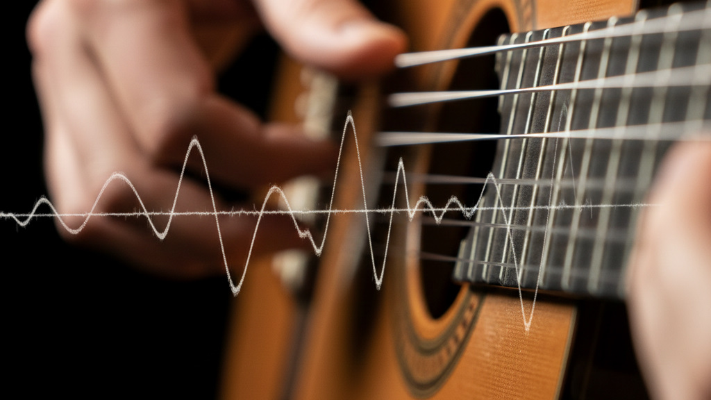 An ultra-close-up photo of guitar strings vibrating during performance. The focus is razor-sharp, with no "finger fusion" or "string distortion" often found in AI-generated videos, showcasing a vivid, realistic image.