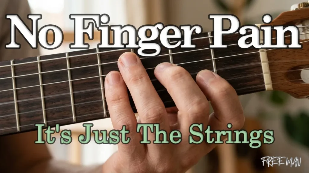 Fingers pressing nylon guitar strings on a classical guitar fingerboard.