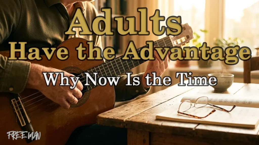 An adult practicing classical guitar with focus and confidence.