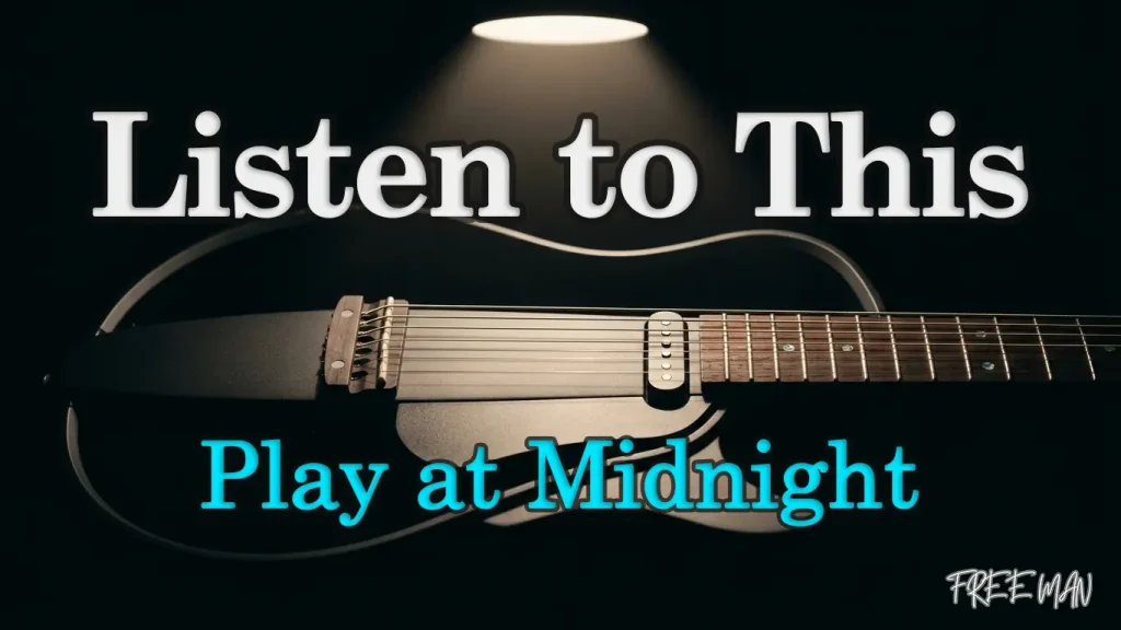 A silent guitar illuminated at night, representing its quiet sound and peaceful atmosphere.