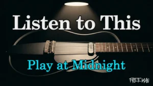 A silent guitar illuminated at night, representing its quiet sound and peaceful atmosphere.