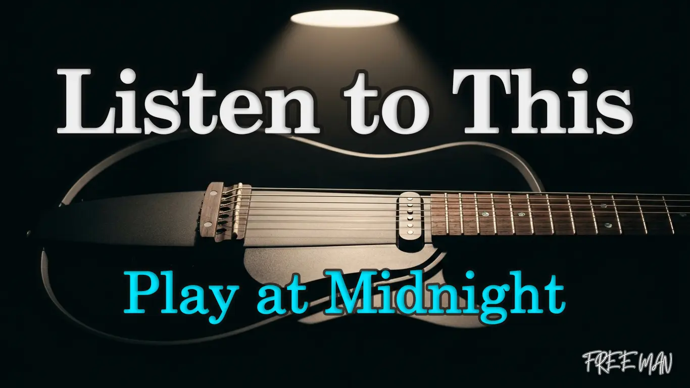 A silent guitar illuminated at night, representing its quiet sound and peaceful atmosphere.