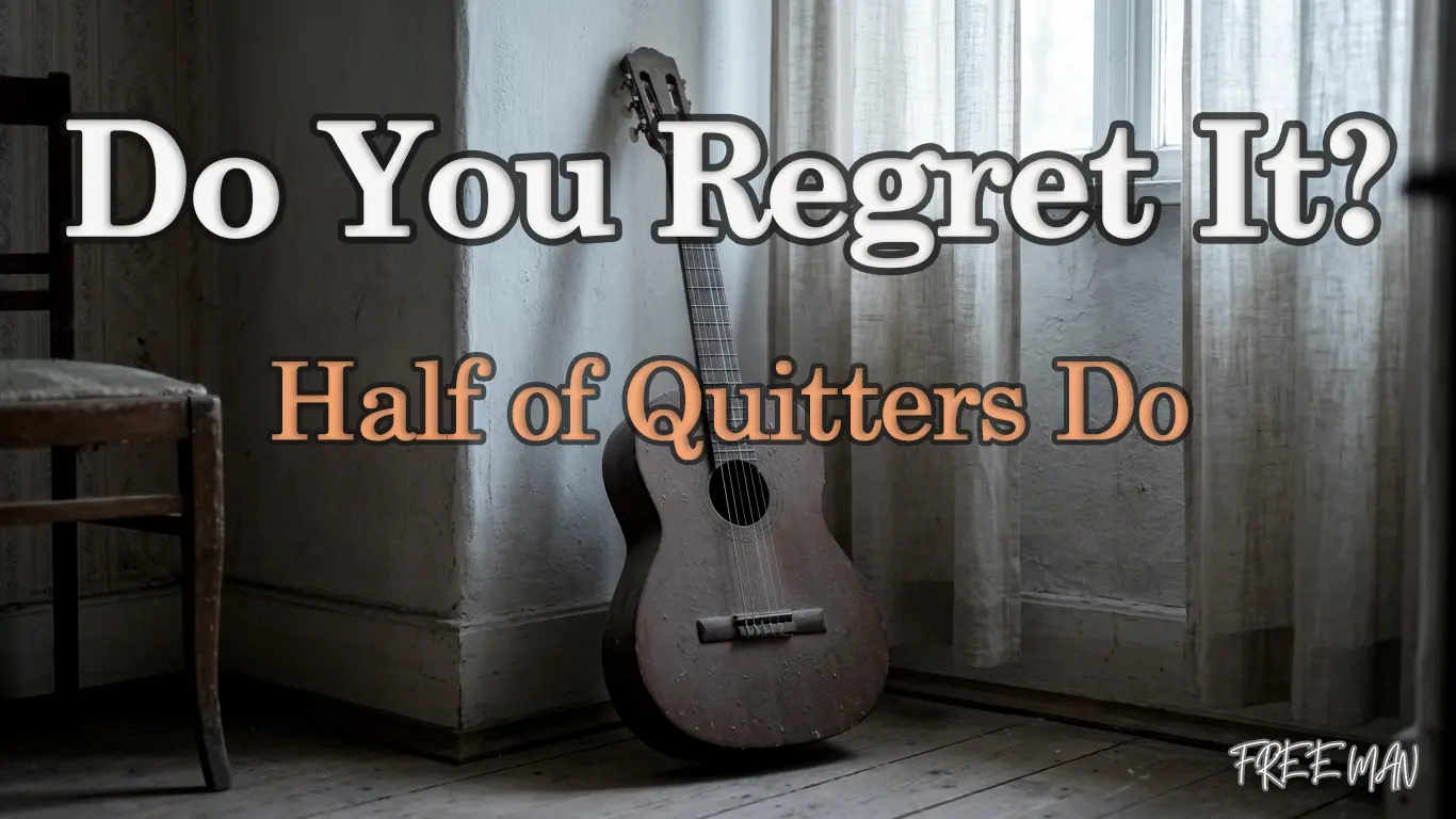 A dusty classical guitar left untouched, symbolizing the regret of giving up too soon.