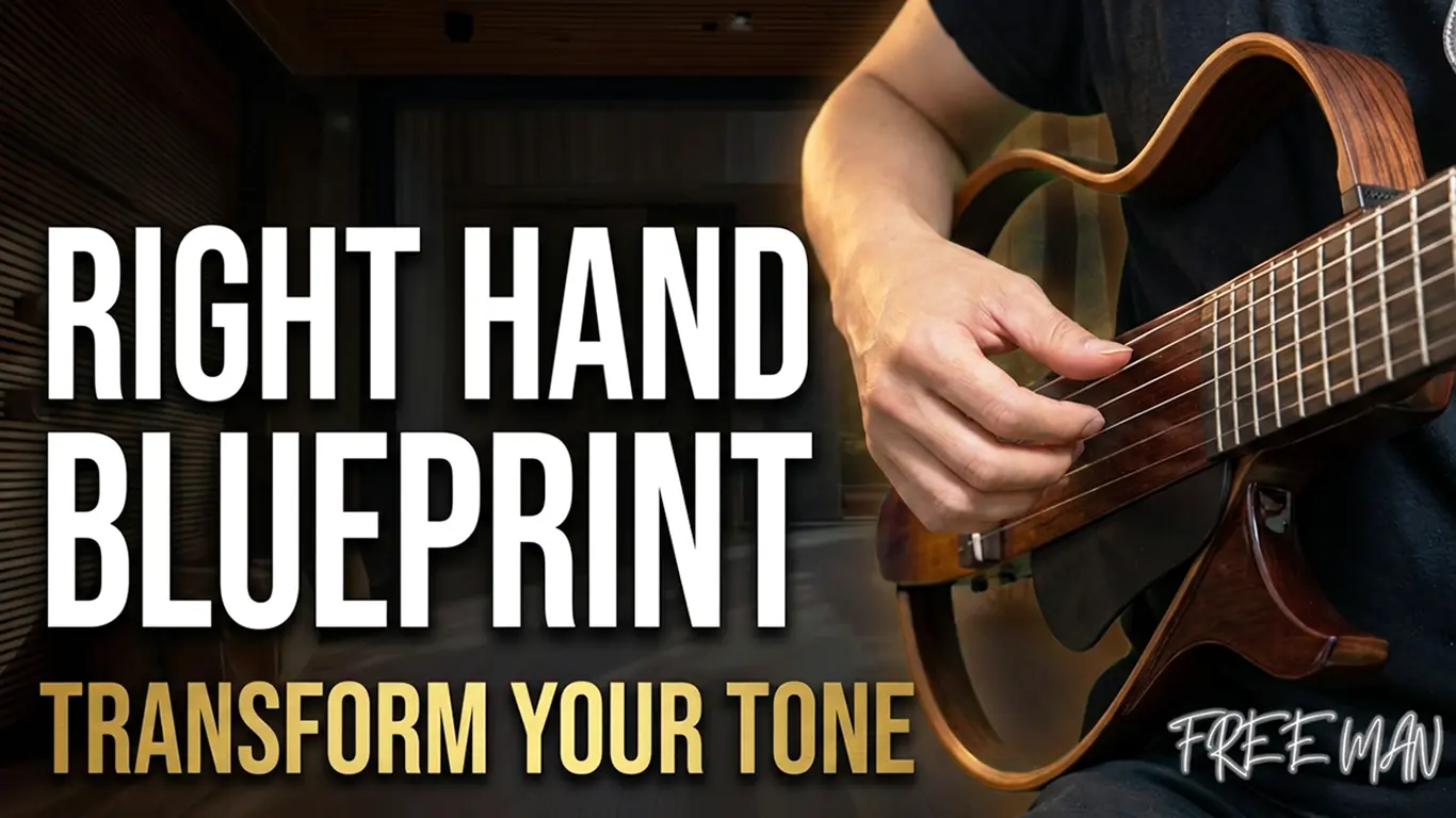 Right hand resting on the strings of a silent classical guitar