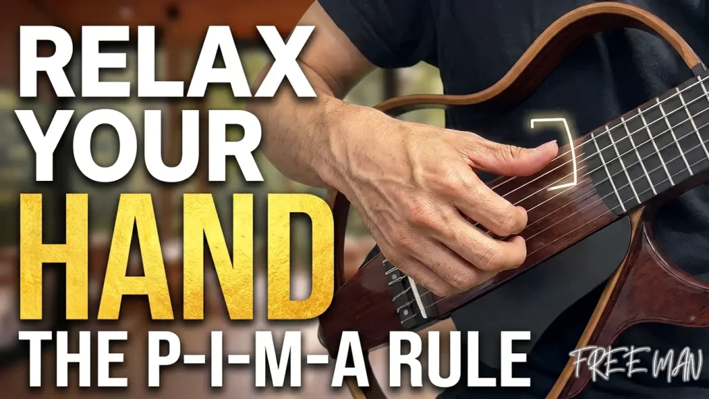 A relaxed right hand touching the strings of a silent classical guitar